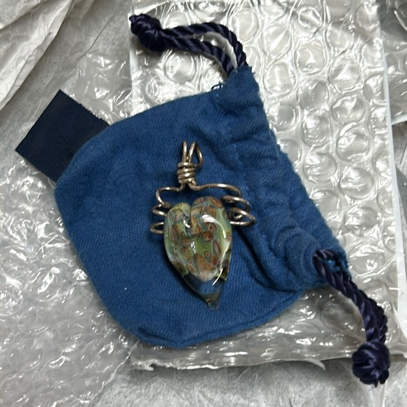 Heart Shaped Glass Blown Pendant Hand Crafted Green Blue Tan - Picture 2 of 11